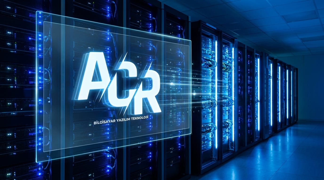 ACR Yazılım — server odası ve holografik ACR logosu